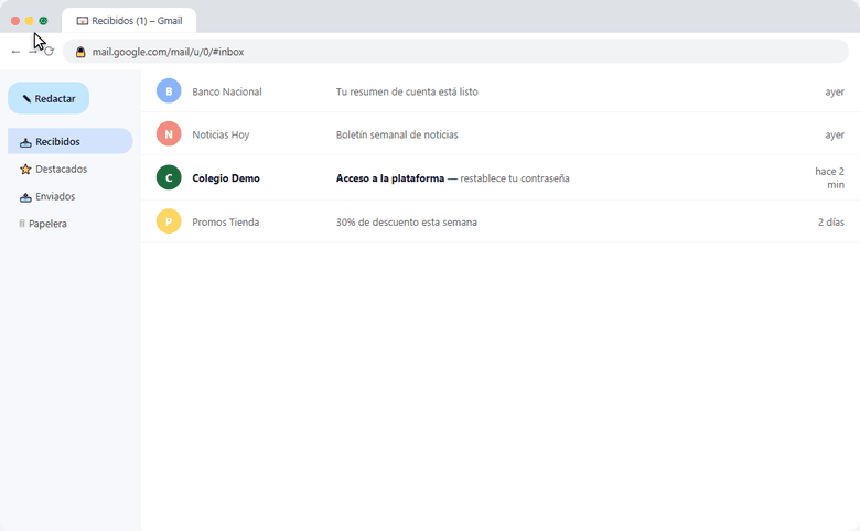 Del correo al acceso instalado: bandeja de entrada, aviso para abrir en Chrome, inicio de sesión y el botón Instalar app